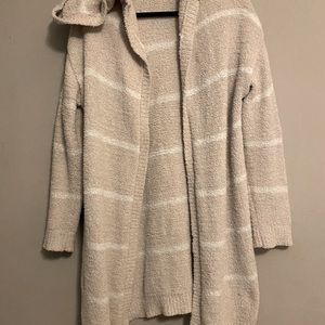 Beige and White Hooded Cardigan Sweater
